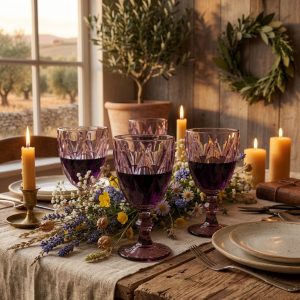 Copas Vintage Labradas de Vidrio Púrpura – Elegancia para Vino o Agua